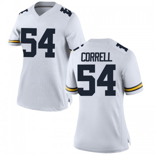 Kraig Correll Michigan Wolverines Women's NCAA #54 White Game Brand Jordan College Stitched Football Jersey QIX8754VK